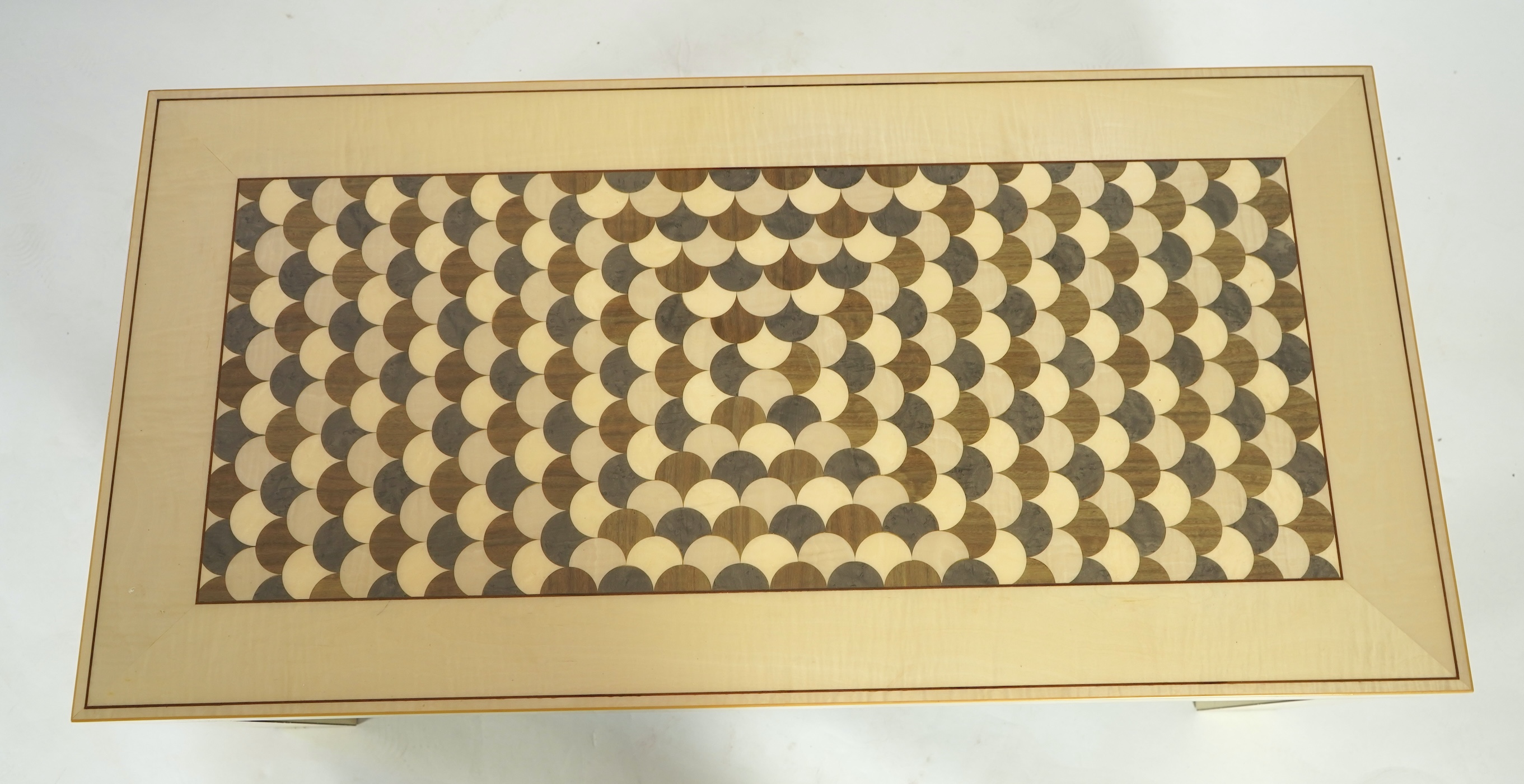 Lignae: A contemporary rectangular sycamore and specimen wood coffee table on square legs
